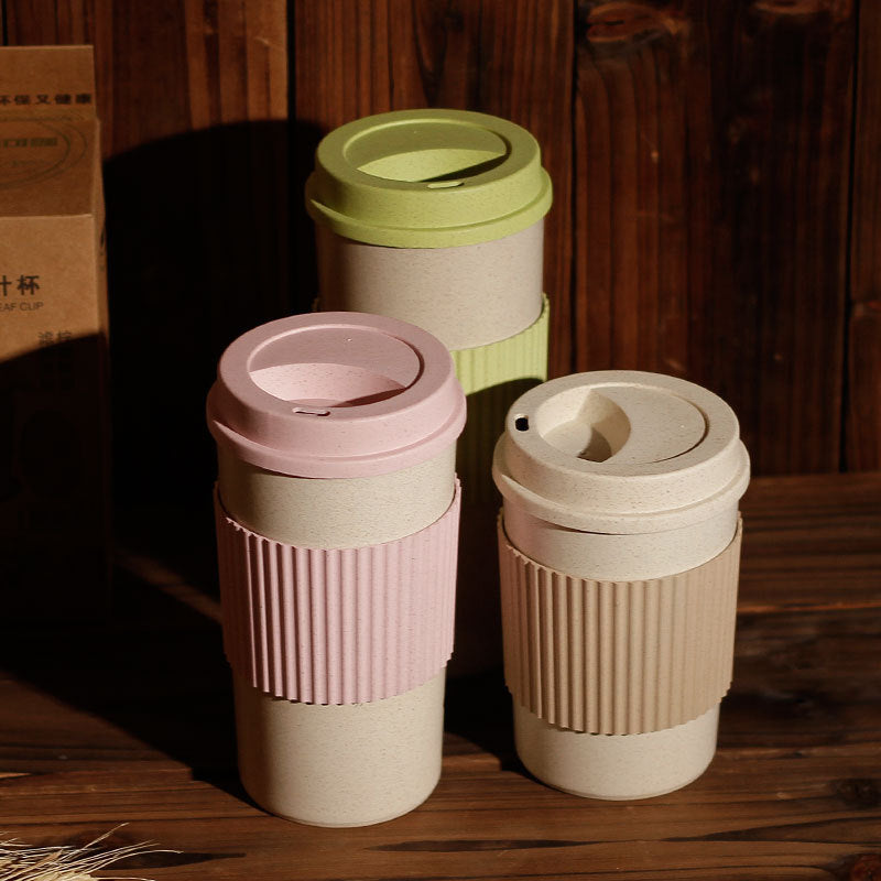 Reusable Wheat Straw with Lid Home Outdoor Water Bottle Travel Insulated Cup