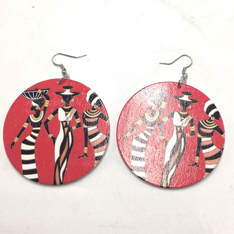 African Pattern Geometric Round Wooden Earrings