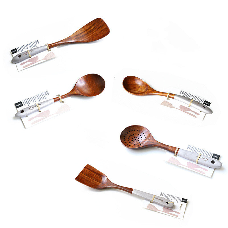 Pure Natural Teak Solid Wood Long Handle Spoon Set