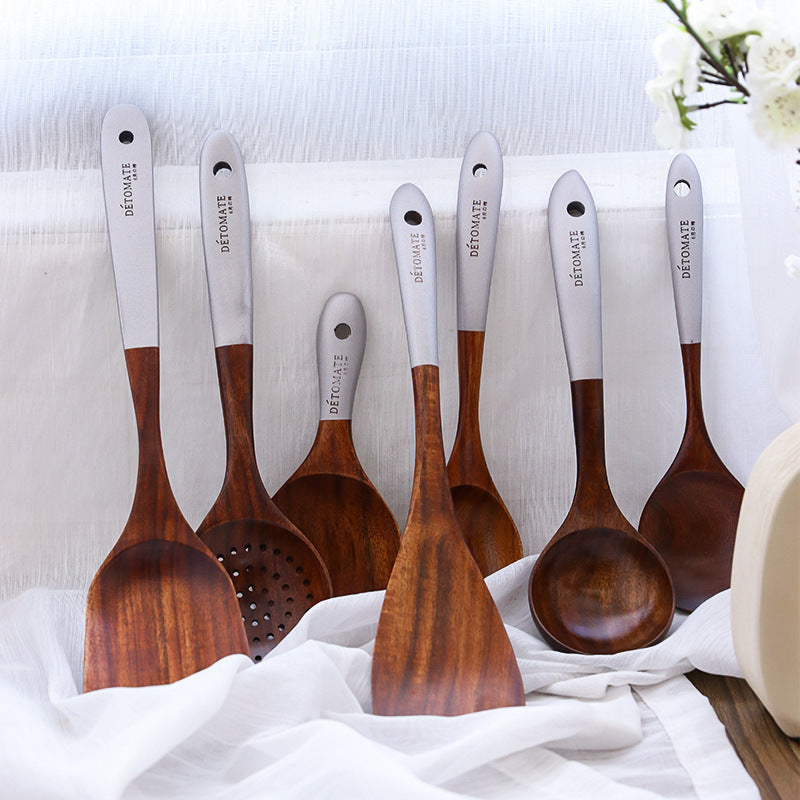 Pure Natural Teak Solid Wood Long Handle Spoon Set