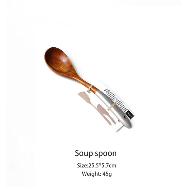 Pure Natural Teak Solid Wood Long Handle Spoon Set