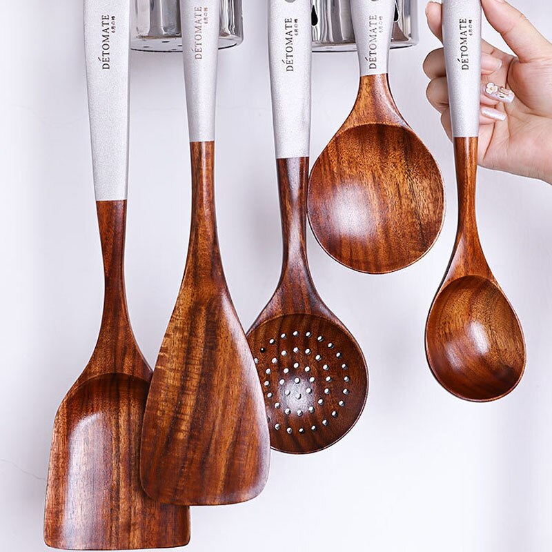 Pure Natural Teak Solid Wood Long Handle Spoon Set
