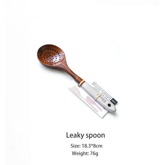 Pure Natural Teak Solid Wood Long Handle Spoon Set