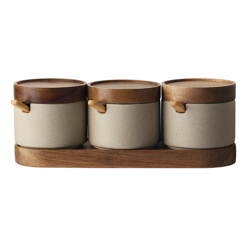 Kitchen Seasoning Ceramic Simple Salt Pot Acacia Wood Tray With Cover
