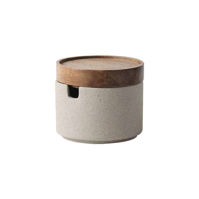 Kitchen Seasoning Ceramic Simple Salt Pot Acacia Wood Tray With Cover