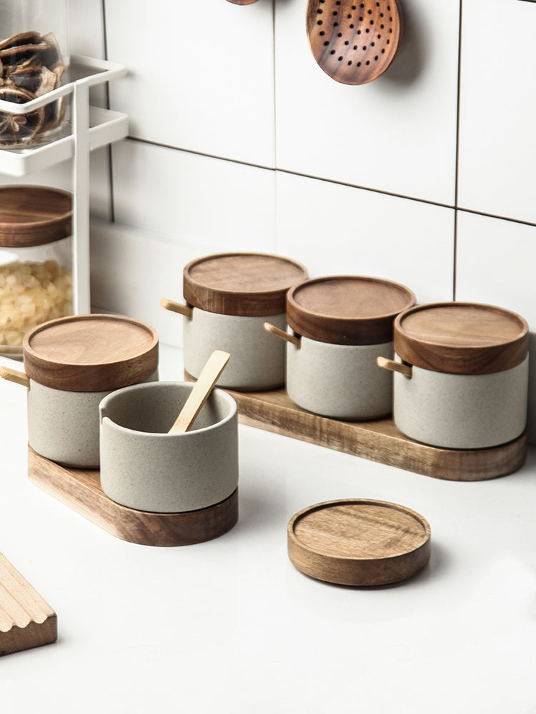 Kitchen Seasoning Ceramic Simple Salt Pot Acacia Wood Tray With Cover