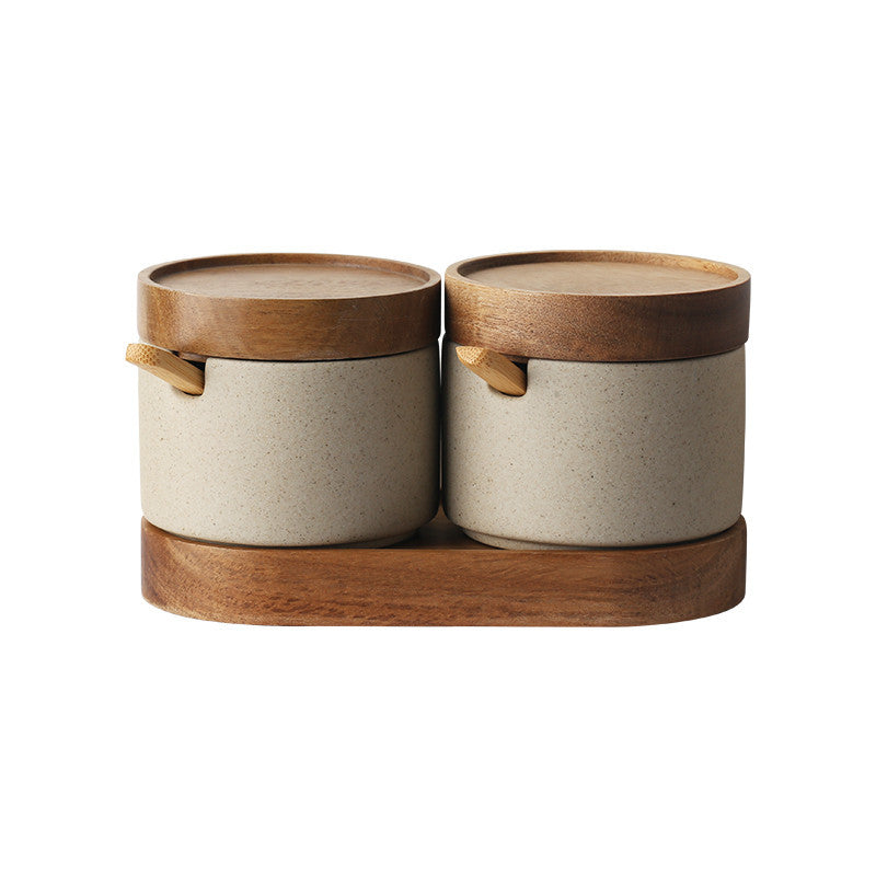 Kitchen Seasoning Ceramic Simple Salt Pot Acacia Wood Tray With Cover