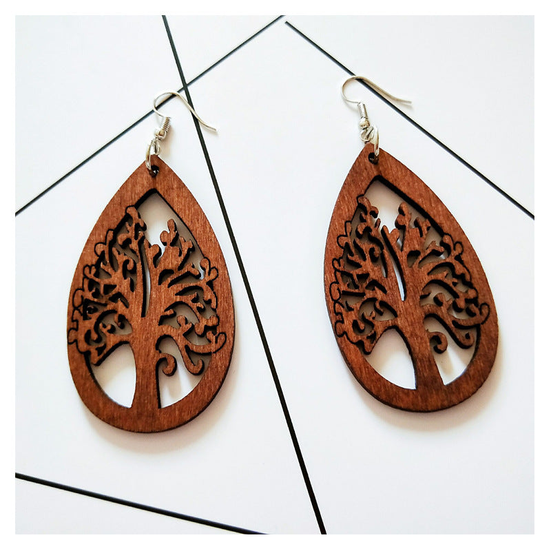 Ethnic Style Wooden Hollow Geometric Earrings