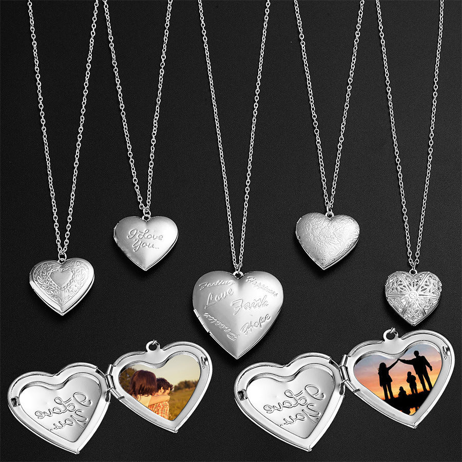 Carved Design Heart-shaped Photo Frame Pendant Necklace
