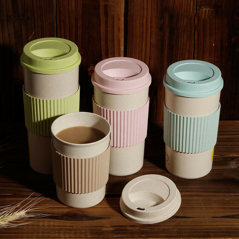 Reusable Wheat Straw with Lid Home Outdoor Water Bottle Travel Insulated Cup