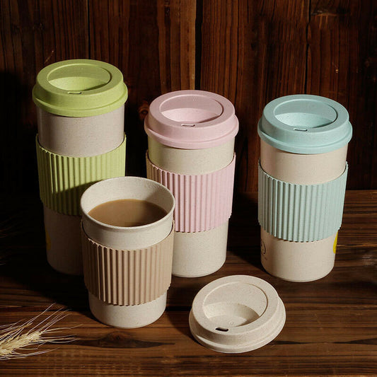 Reusable Wheat Straw with Lid Home Outdoor Water Bottle Travel Insulated Cup