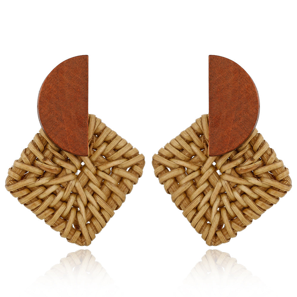 Wooden Rattan Geometric Multilayer Earrings