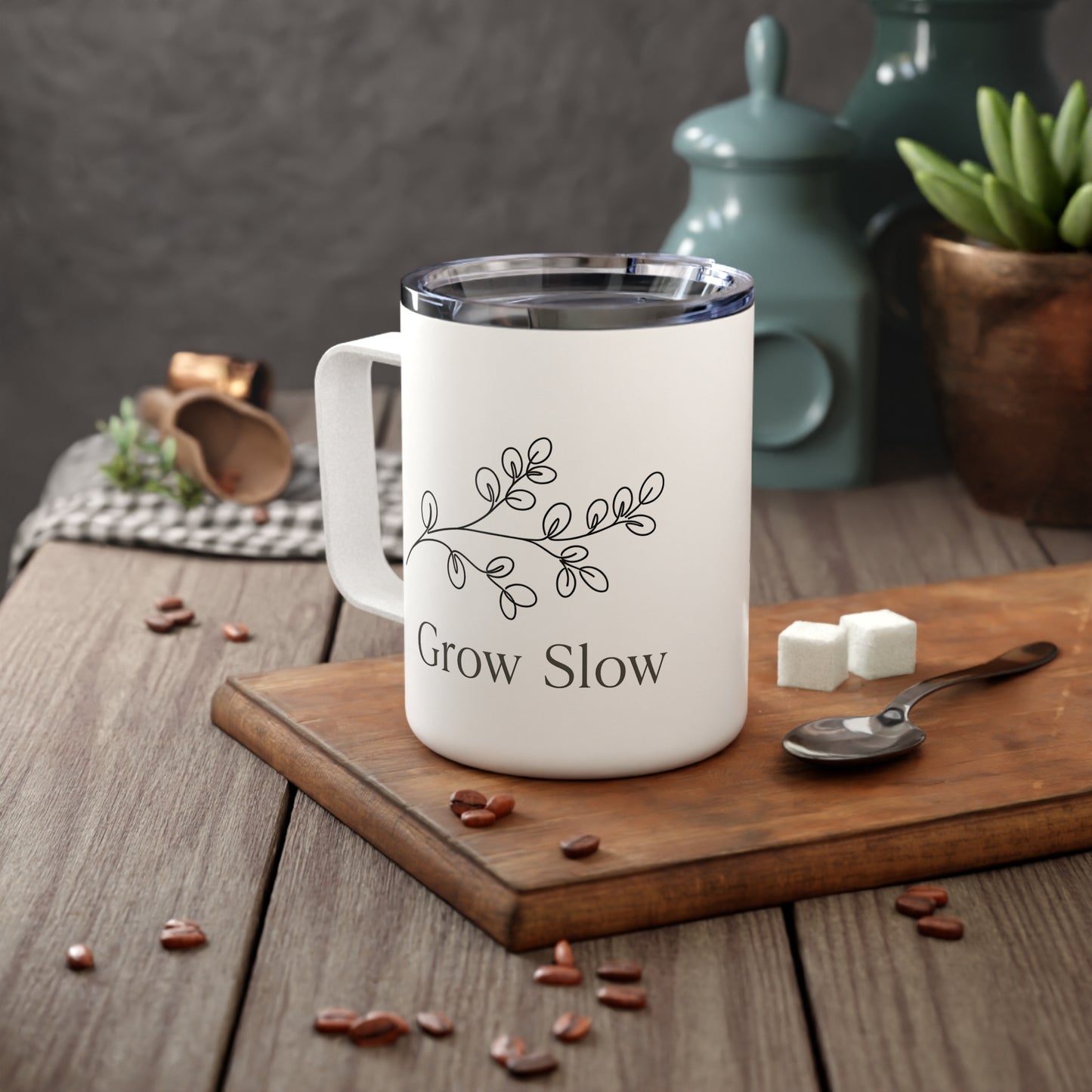 Insulated Coffee Mug — "Grow Slow" Minimal Botanical 10oz Travel Tumbler
