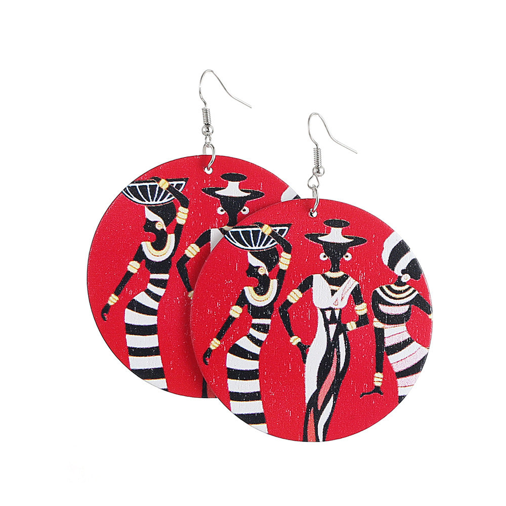 African Pattern Geometric Round Wooden Earrings