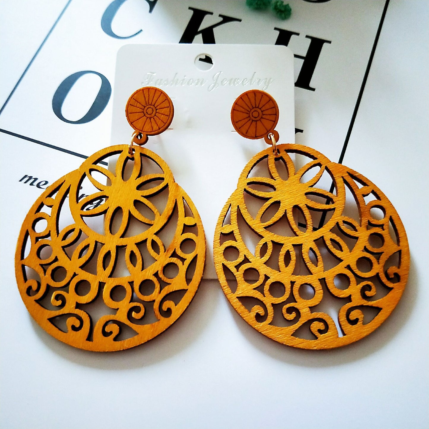 Ethnic Style Wooden Hollow Geometric Earrings
