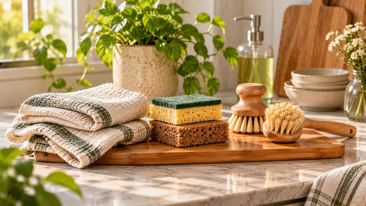 Premium eco-friendly dishwashing essentials, including reusable cotton dish cloths, natural sponges, and wooden dish brushes, arranged on a bamboo board in a sunlit kitchen with green plants, ceramic bowls, and a glass soap dispenser.