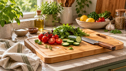 Premium bamboo cutting board on a kitchen countertop with freshly sliced tomatoes, cucumber, and leafy greens, surrounded by natural ingredients, olive oil, herbs, and linen towels in a warm, sunlit kitchen.