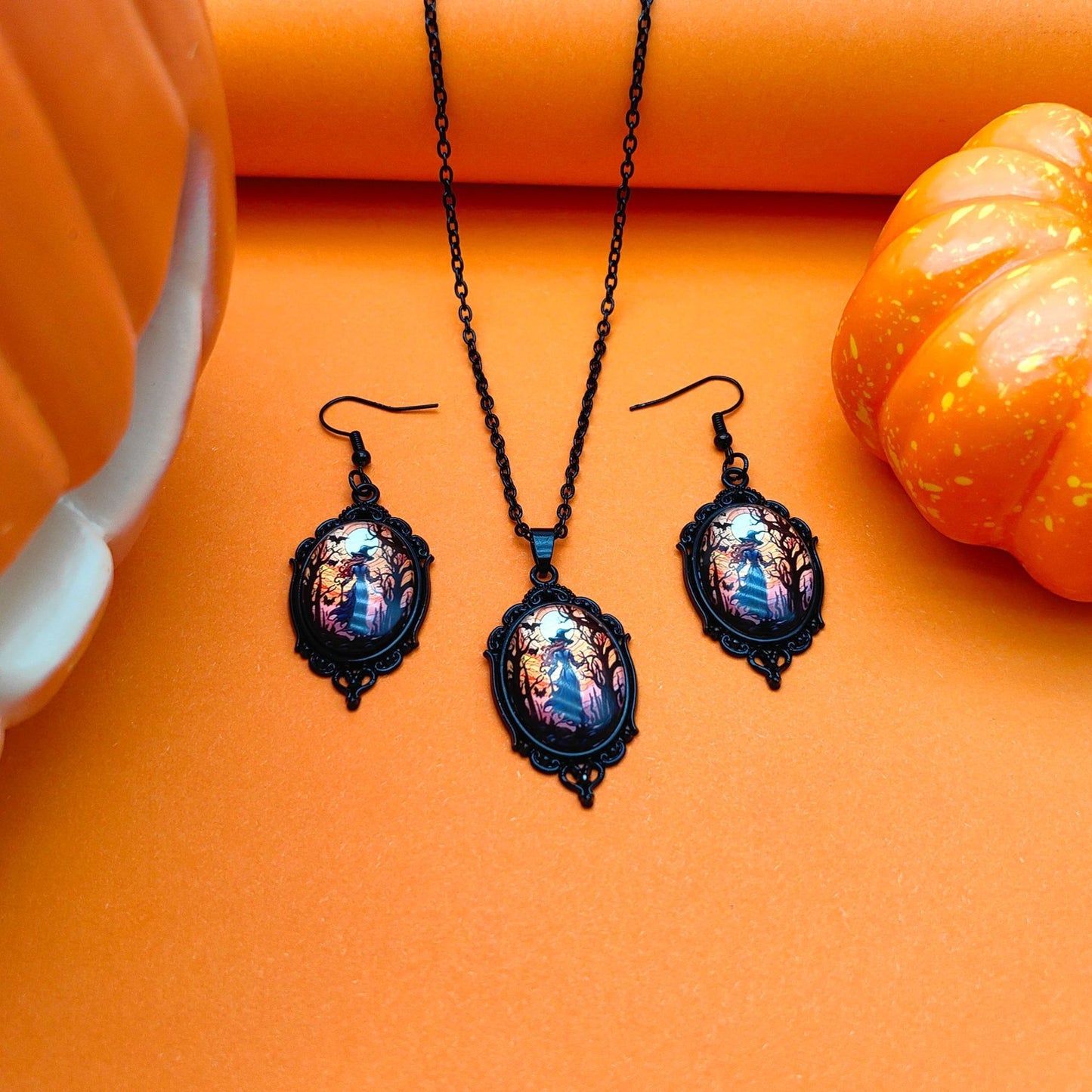 3pcs Vintage Halloween Tree Of Life And Witch Necklace With Earrings