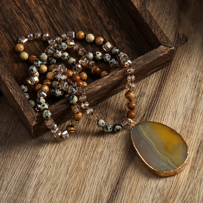 Bohemian Style 6mm Natural Stone Glass Knotted Striped Agate Water Drop Pendant Necklace
