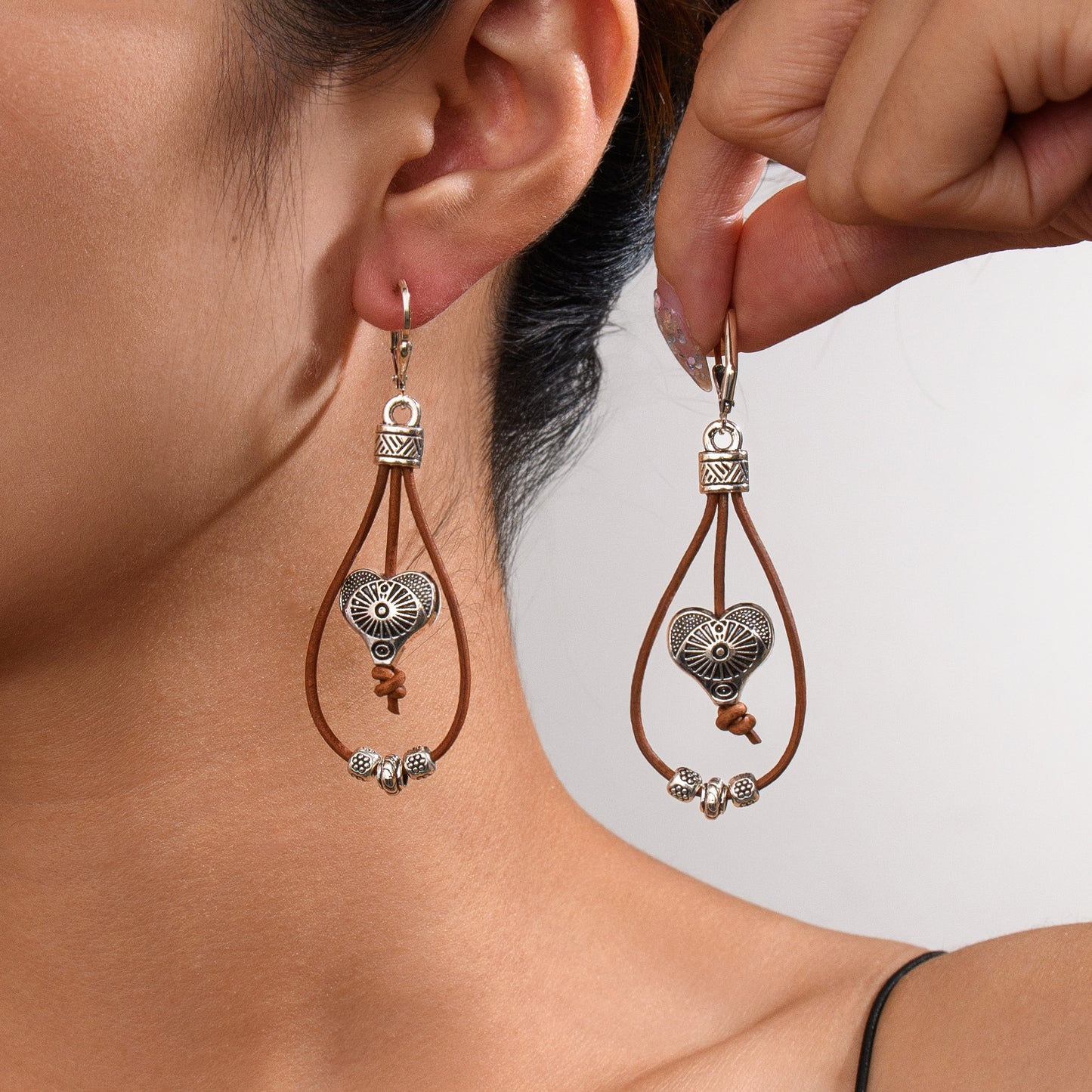Vintage Ethnic Style Antique Silver Flower Turquoise Rope Earrings