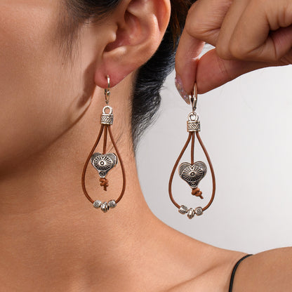 Vintage Ethnic Style Antique Silver Flower Turquoise Rope Earrings