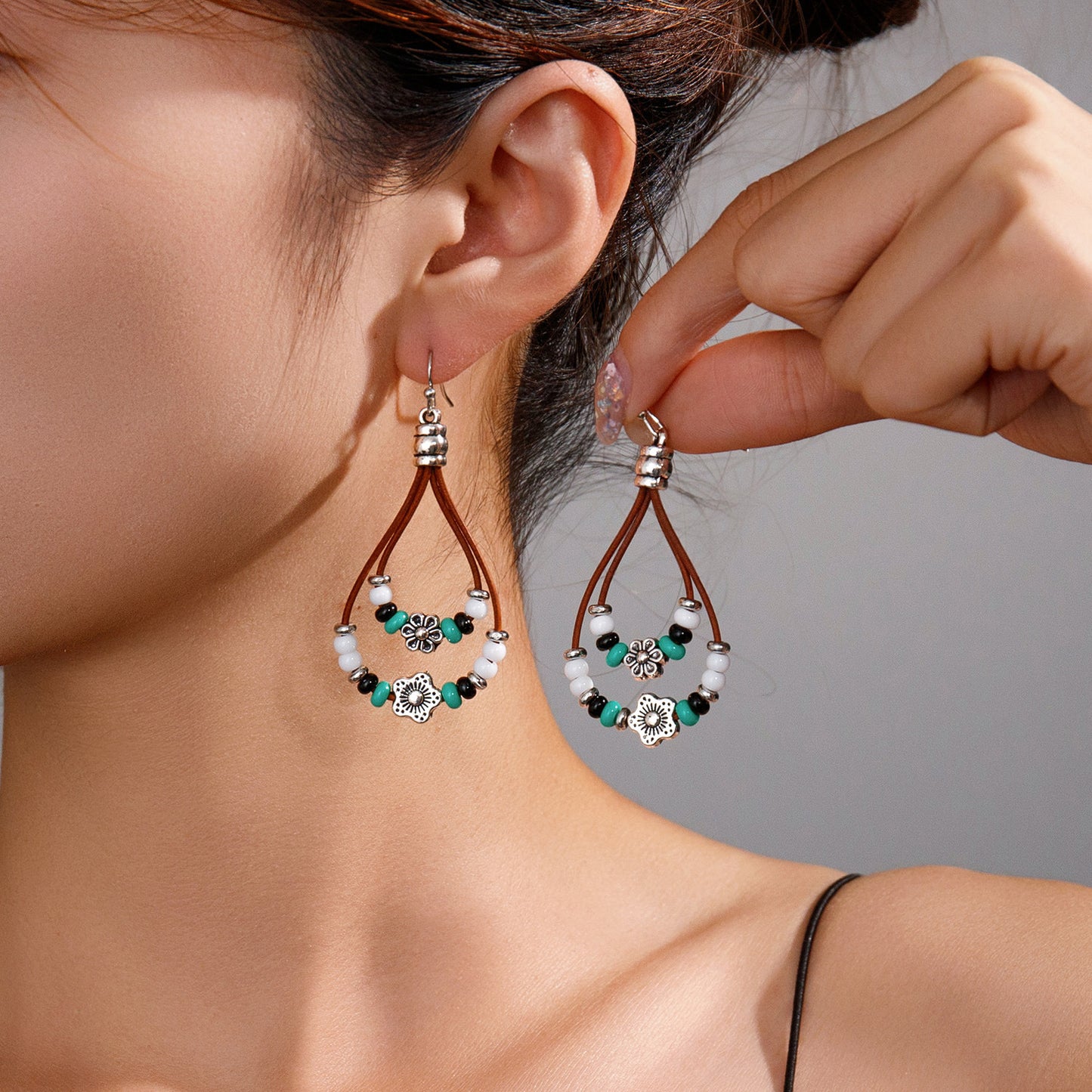 Vintage Ethnic Style Antique Silver Flower Turquoise Rope Earrings