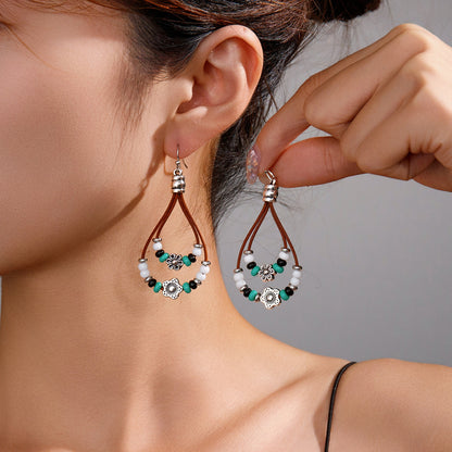 Vintage Ethnic Style Antique Silver Flower Turquoise Rope Earrings