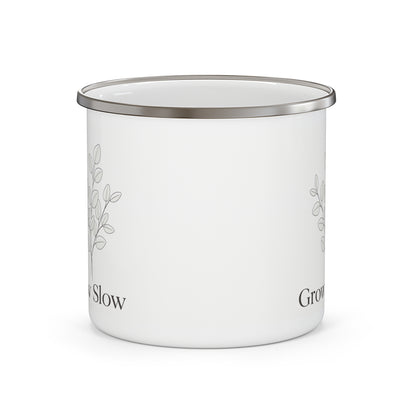 Enamel Mug — "Grow Slow" Minimalist Plant Camping Cup