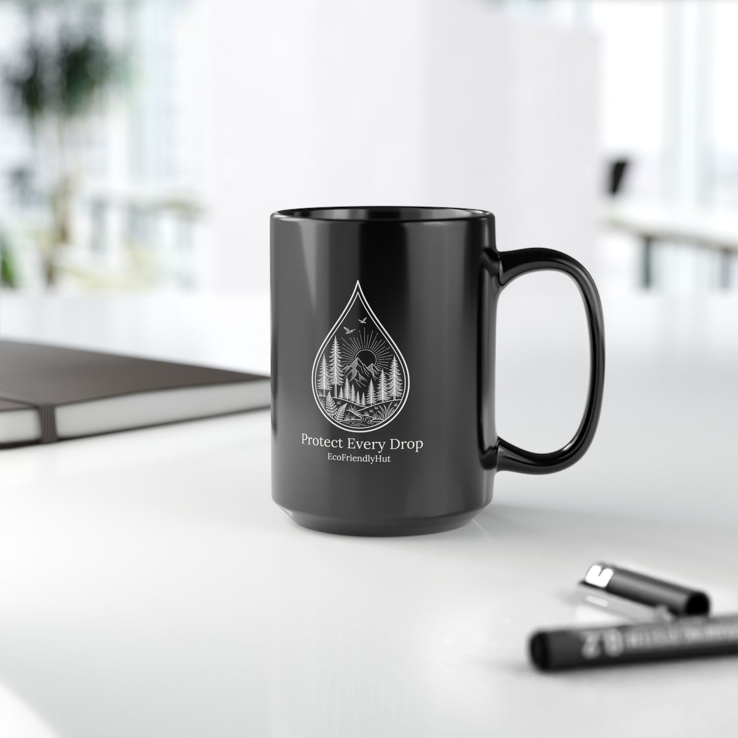 Protect Every Drop Black Mug – Eco-Friendly Water Conservation Coffee Cup