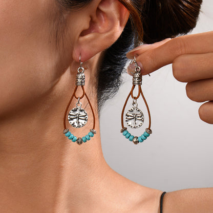 Vintage Ethnic Style Antique Silver Flower Turquoise Rope Earrings