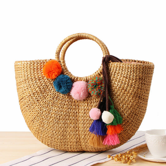 Straw Woven Colorful Tassel Yarn Beach Bag