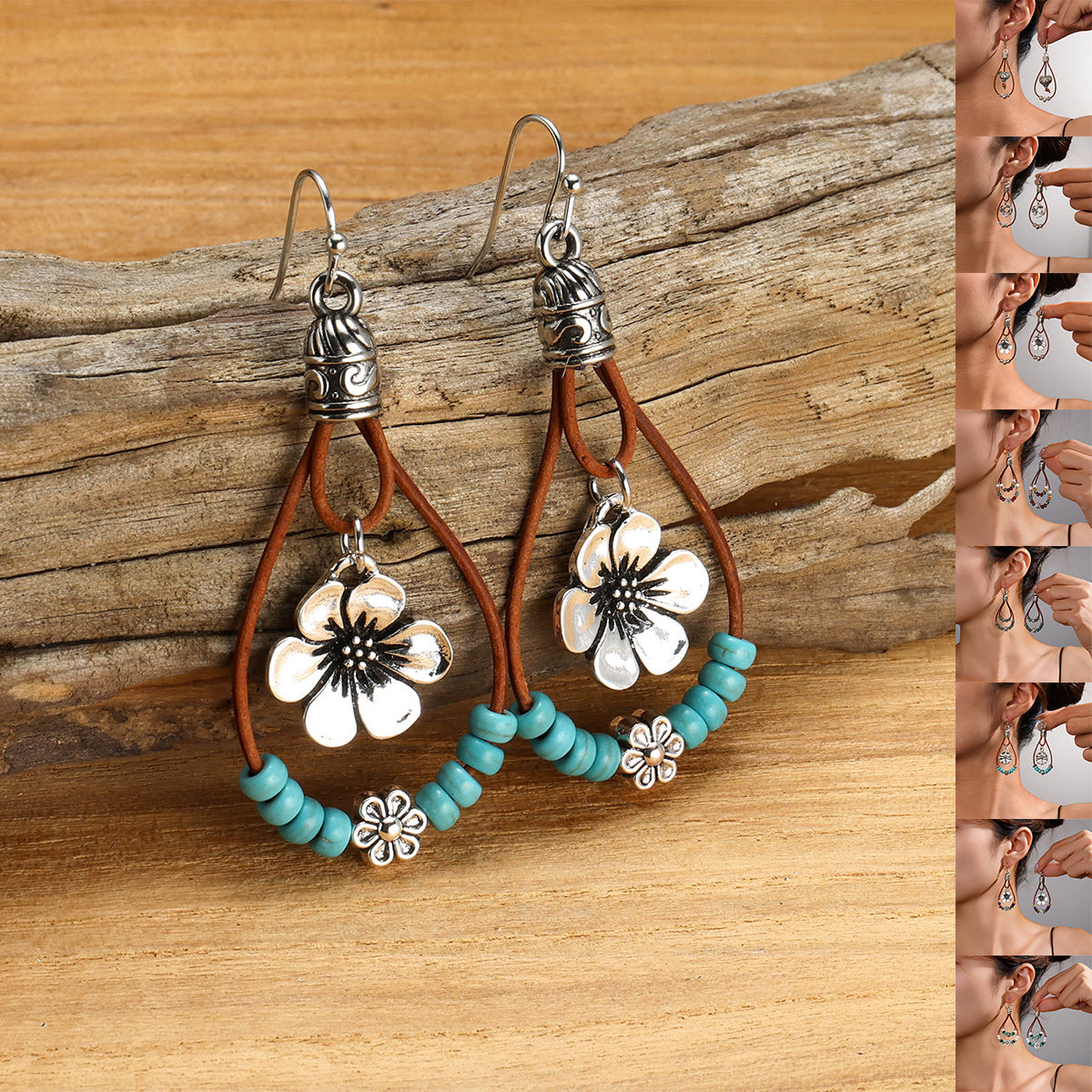 Vintage Ethnic Style Antique Silver Flower Turquoise Rope Earrings