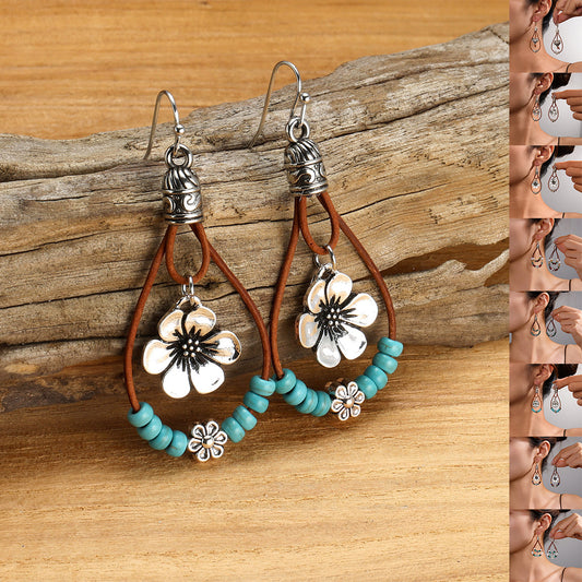 Vintage Ethnic Style Antique Silver Flower Turquoise Rope Earrings