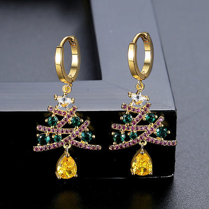 Christmas Tree With Colorful Rhinestones Personality Shining Earrings