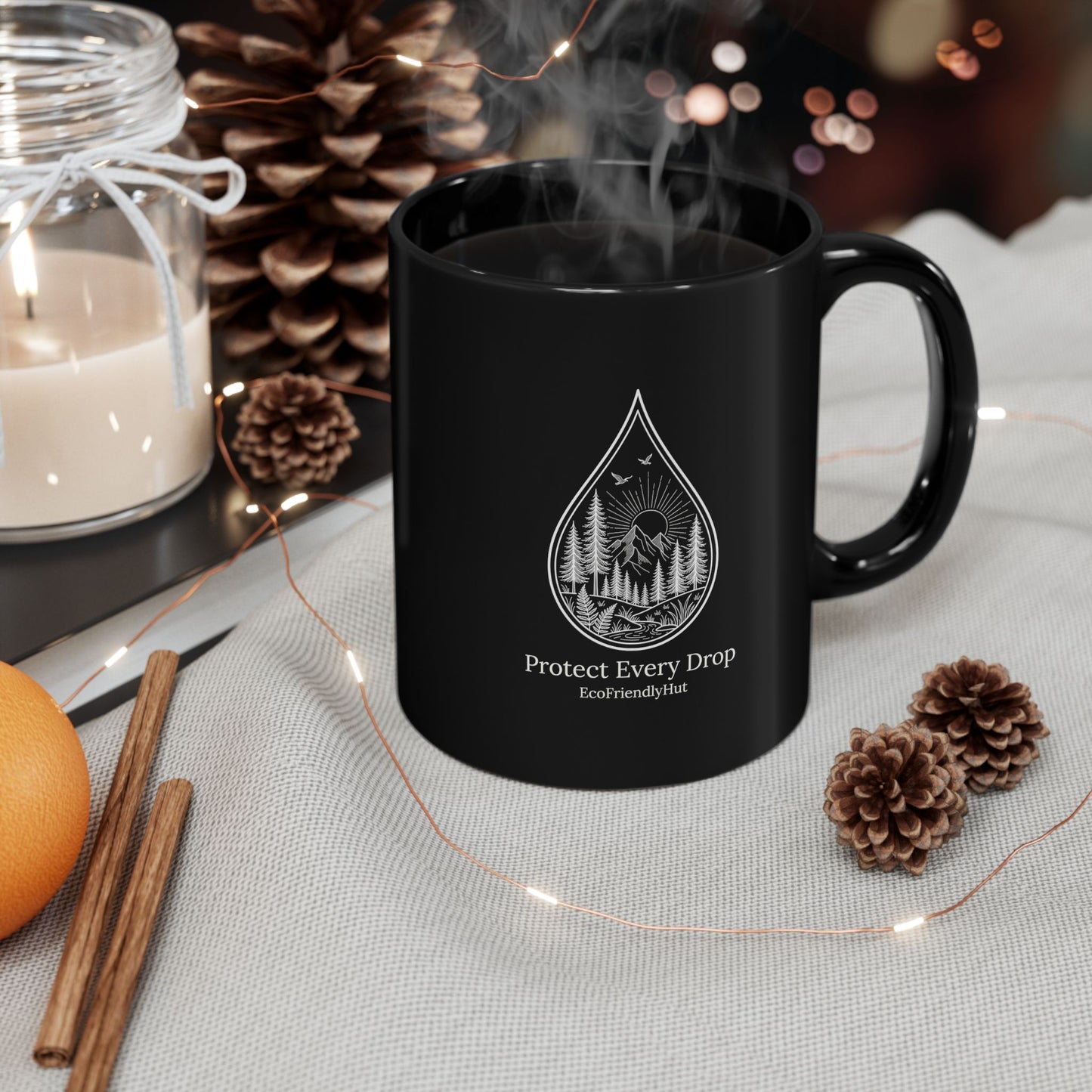 Protect Every Drop Black Mug – Eco-Friendly Water Conservation Coffee Cup