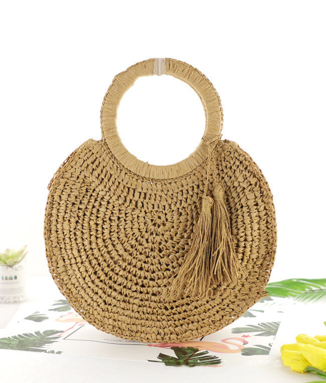 Tassel Fringe Straw Woven Round Hand Bag