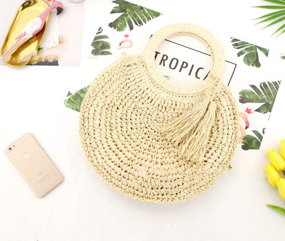 Tassel Fringe Straw Woven Round Hand Bag