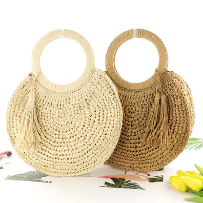 Tassel Fringe Straw Woven Round Hand Bag