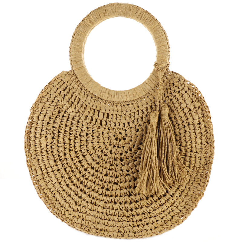 Tassel Fringe Straw Woven Round Hand Bag