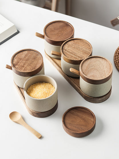 Kitchen Seasoning Ceramic Simple Salt Pot Acacia Wood Tray With Cover
