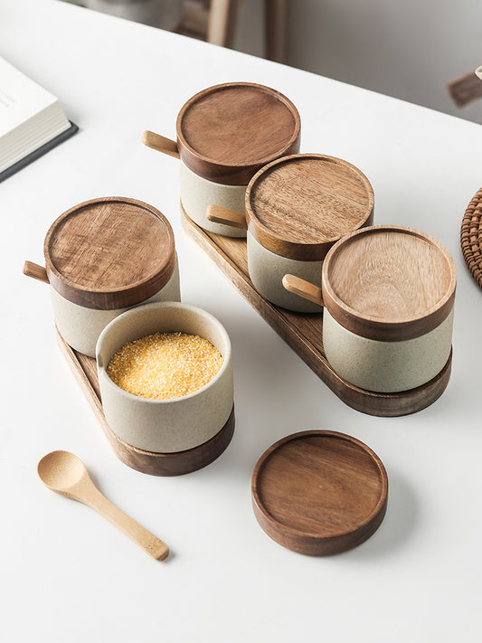 Kitchen Seasoning Ceramic Simple Salt Pot Acacia Wood Tray With Cover