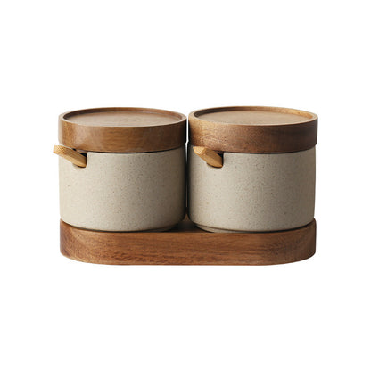 Kitchen Seasoning Ceramic Simple Salt Pot Acacia Wood Tray With Cover