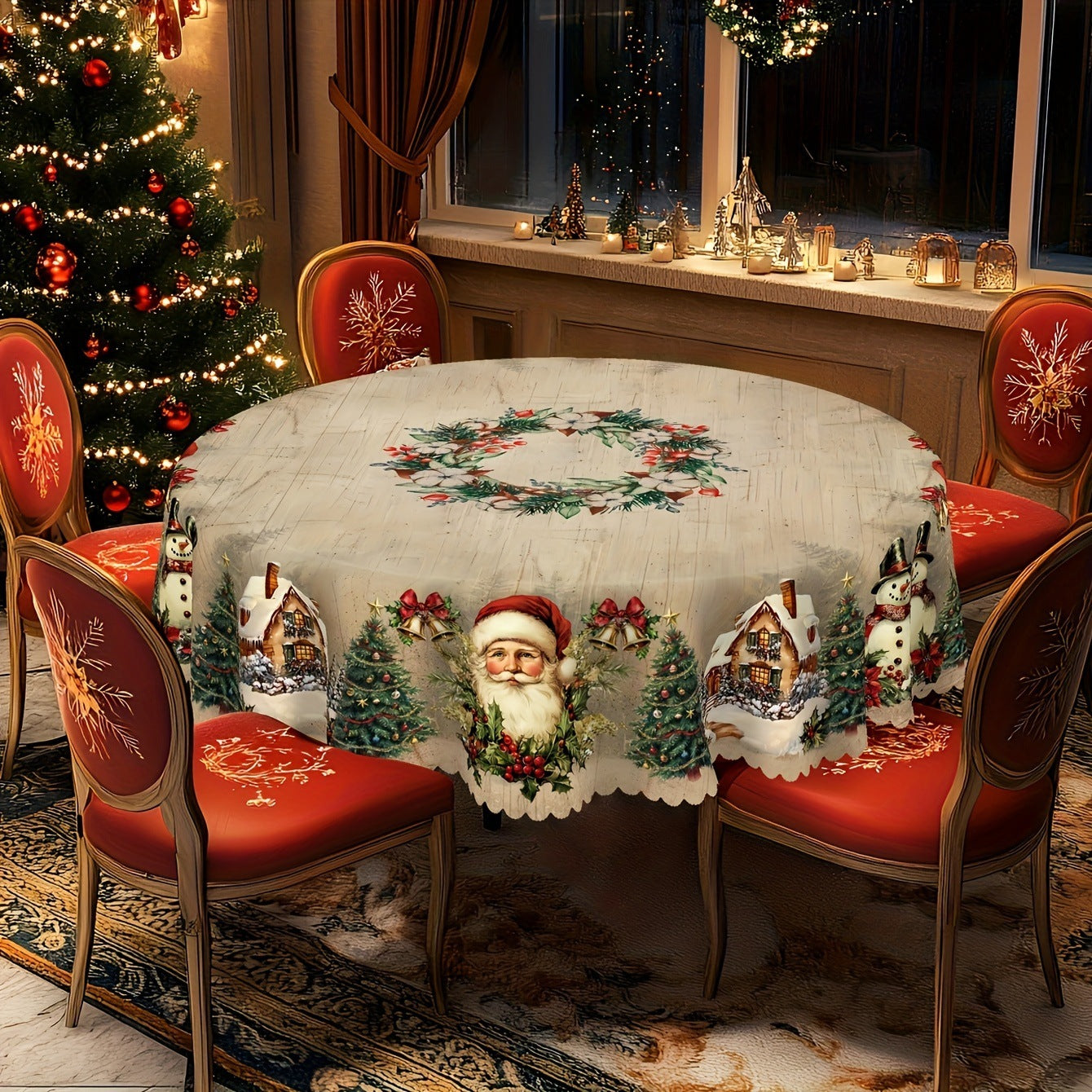 Christmas Theme Round Tablecloth With Santa Claus Table Flag