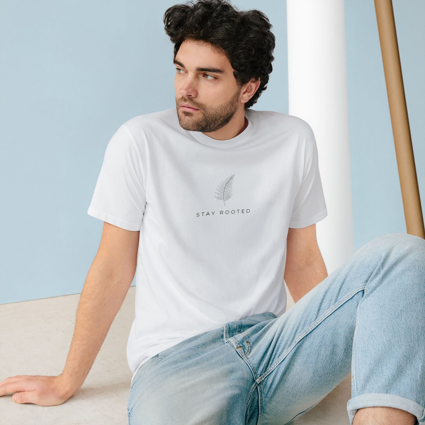 Stay Rooted Organic T-Shirt — Minimal Leaf Graphic, Natural Lifestyle Tee