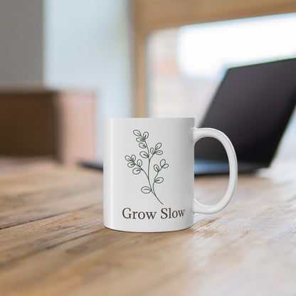 Grow Slow Plant Mug — Minimal Botanical 11oz Coffee Cup for Plant Lovers