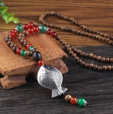 Vintage National Wind Sweater Chain Long Wooden Beads Necklace