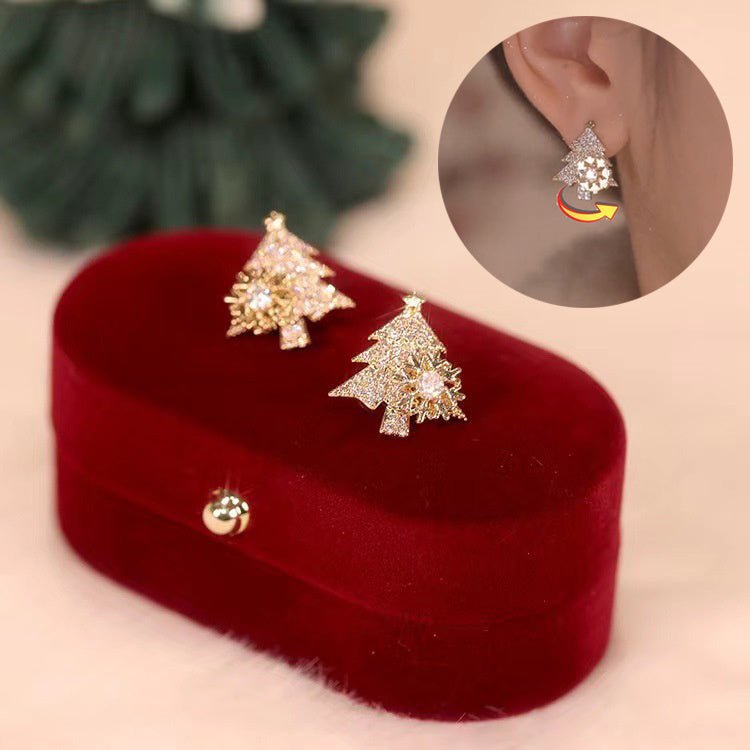 Rotatable Christmas Tree Shiny Rhinestone Snowflake Stud Earring