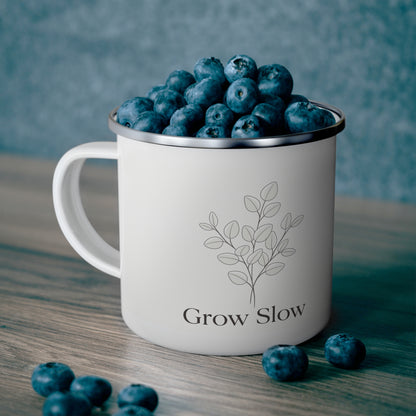 Enamel Mug — "Grow Slow" Minimalist Plant Camping Cup