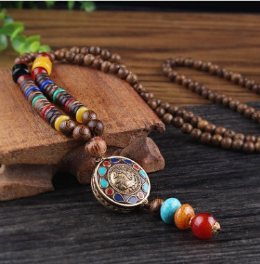 Vintage National Wind Sweater Chain Long Wooden Beads Necklace