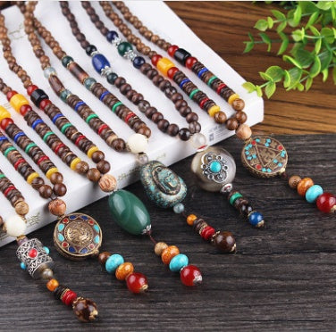 Vintage National Wind Sweater Chain Long Wooden Beads Necklace